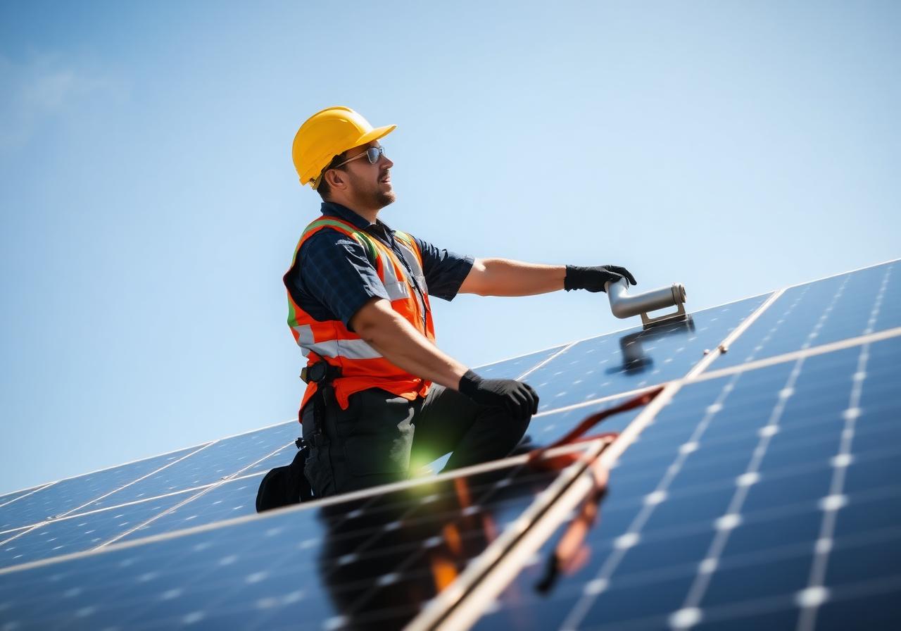 Técnico instalando painéis solares